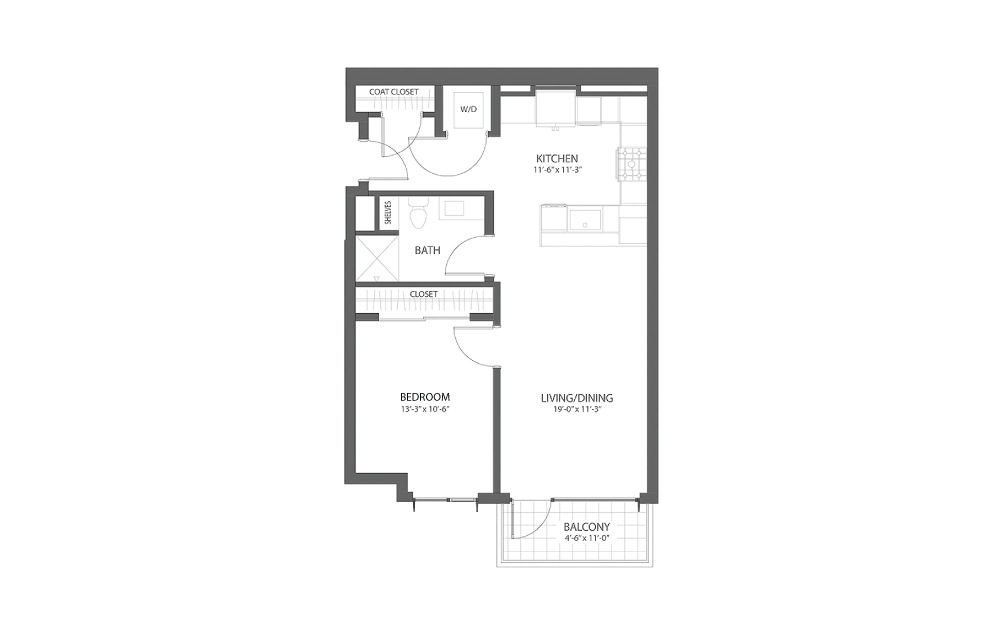 1BR A - 1 bedroom floorplan layout with 1 bath and 772 square feet.