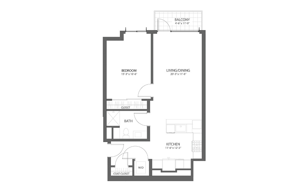 1BR B - 1 bedroom floorplan layout with 1 bath and 802 square feet.