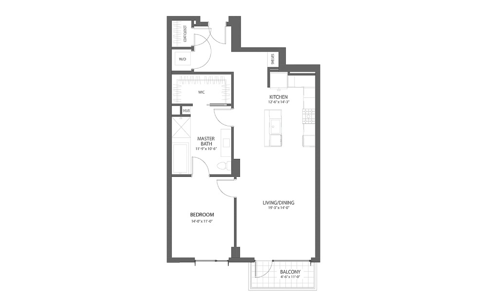 1BR BB - 1 bedroom floorplan layout with 1 bath and 1018 square feet.
