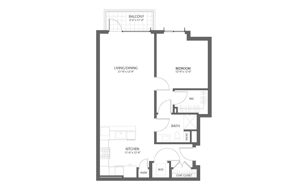 1BR C - 1 bedroom floorplan layout with 1 bath and 883 square feet.