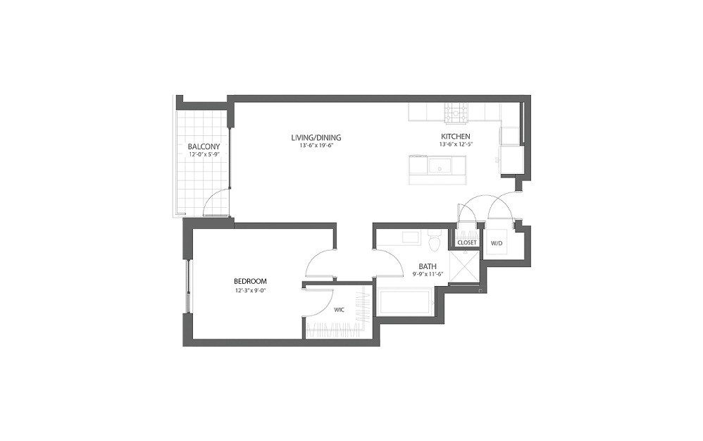 1BR D - 1 bedroom floorplan layout with 1 bath and 893 square feet.