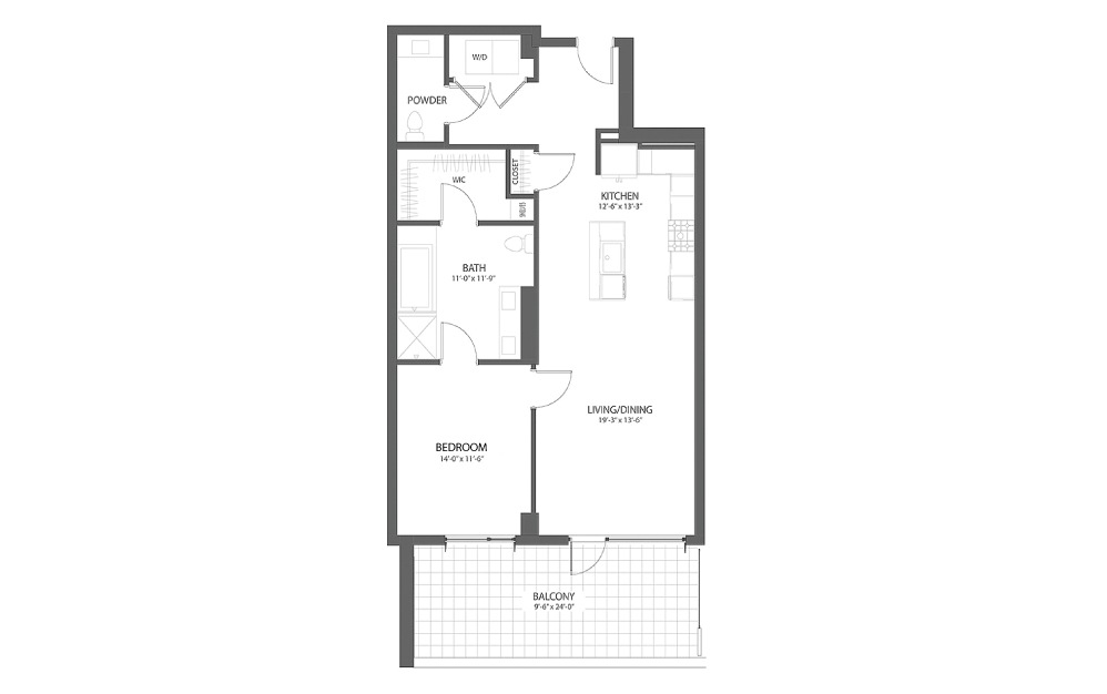 1 BR DD - 1 bedroom floorplan layout with 1.5 bath and 1059 square feet.