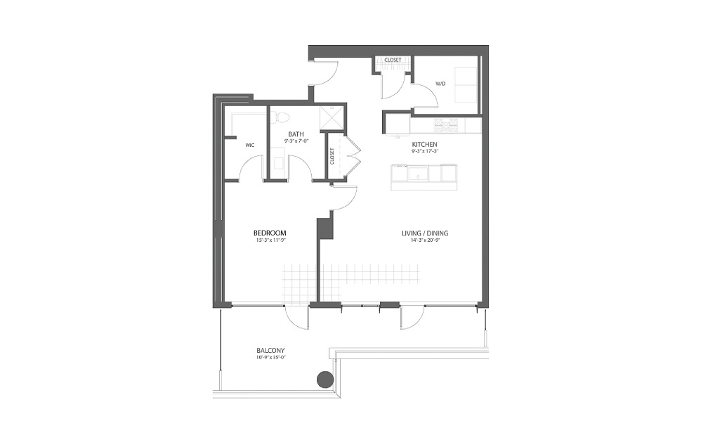 1BR E - 1 bedroom floorplan layout with 1 bath and 1085 square feet.