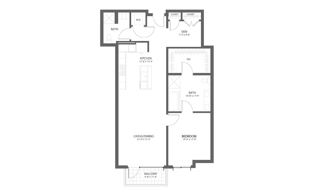 1BR F DEN - 1 bedroom floorplan layout with 2 baths and 1590 square feet.