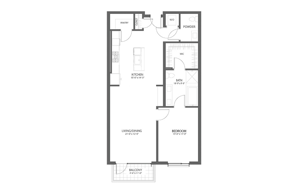 1BR FF - 1 bedroom floorplan layout with 1.5 bath and 1047 square feet.