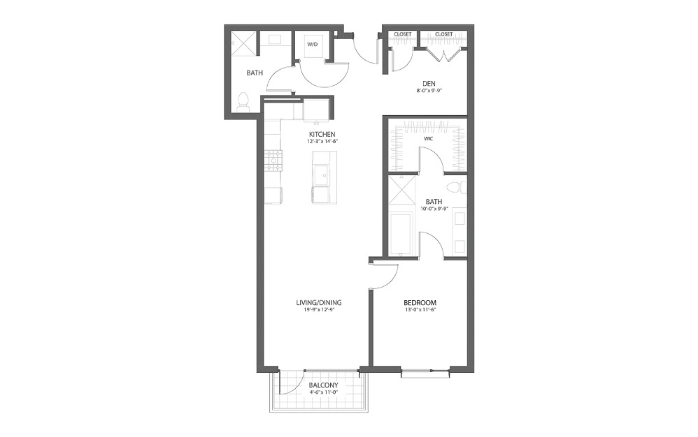 1BR GG DEN - 1 bedroom floorplan layout with 2 baths and 1136 square feet.