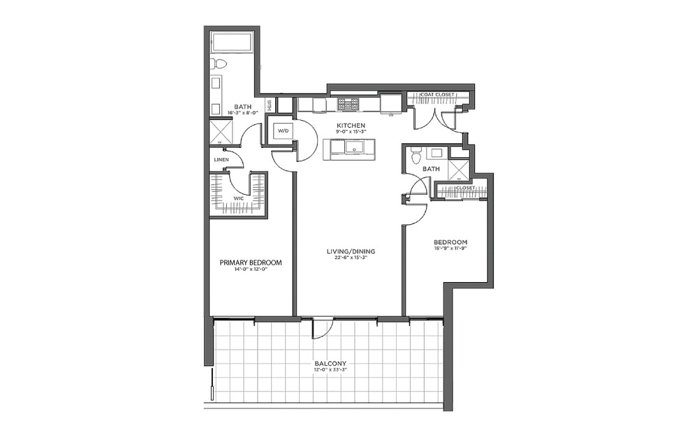 2BR AA - 2 bedroom floorplan layout with 2 baths and 1383 square feet.
