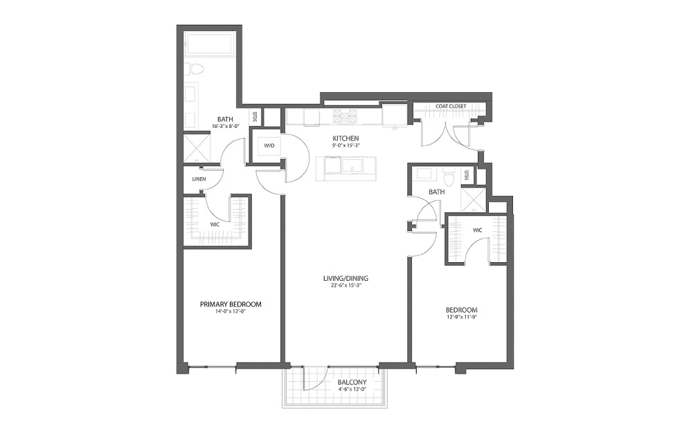 2BR CC - 2 bedroom floorplan layout with 2 baths and 1415 square feet.