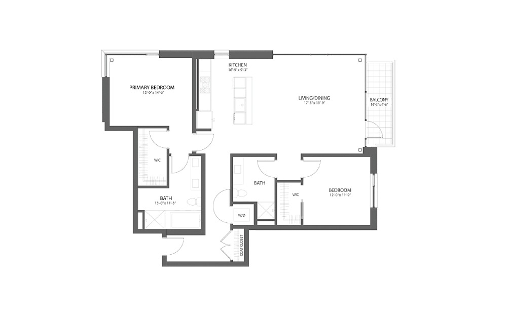 2BR D - 2 bedroom floorplan layout with 2 baths and 1679 square feet.