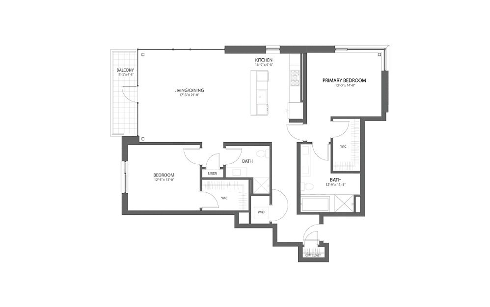 2BR E - 2 bedroom floorplan layout with 2 baths and 1830 square feet.