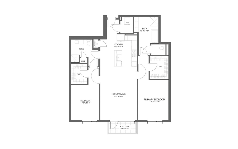 2BR EE - 2 bedroom floorplan layout with 2 baths and 1528 square feet.