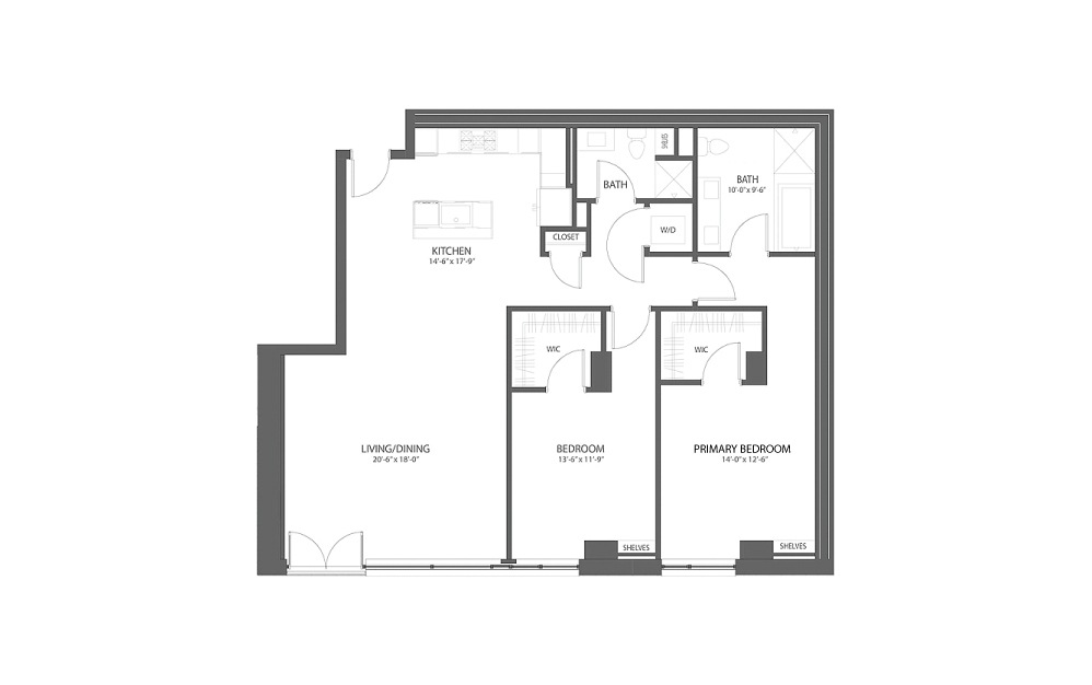 2BR GG - 2 bedroom floorplan layout with 2 baths and 1605 square feet.