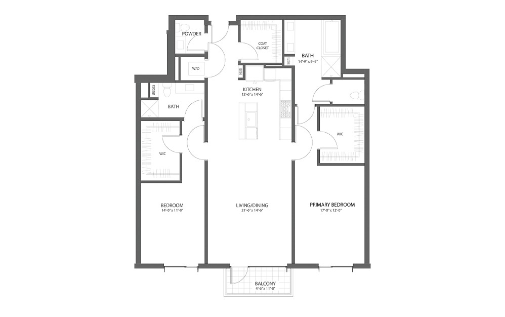 2BR H - 2 bedroom floorplan layout with 2.5 baths and 1336 square feet.
