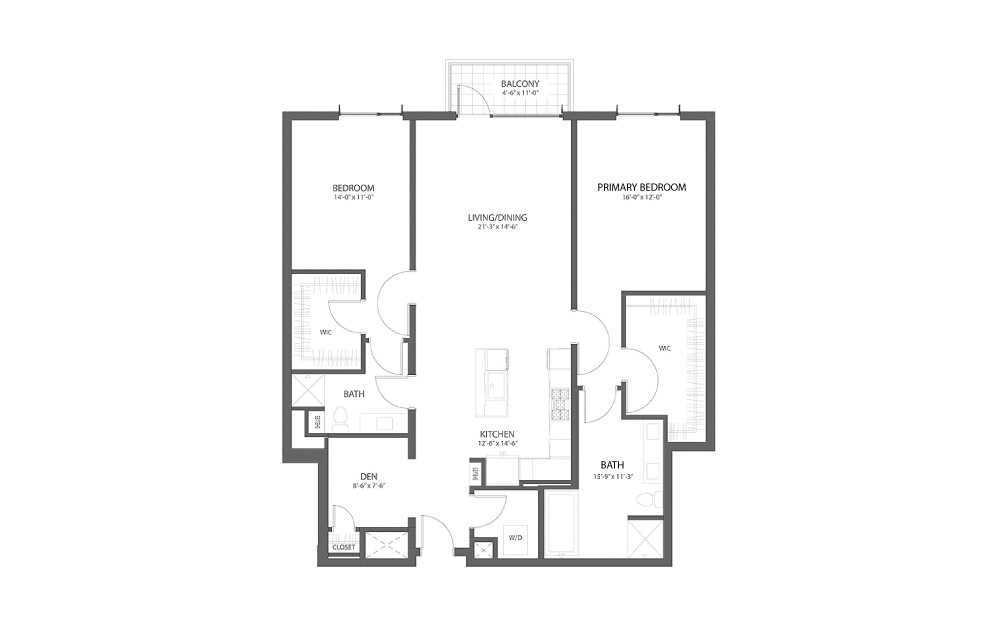 2BR HH DEN - 2 bedroom floorplan layout with 2 baths and 1613 square feet.