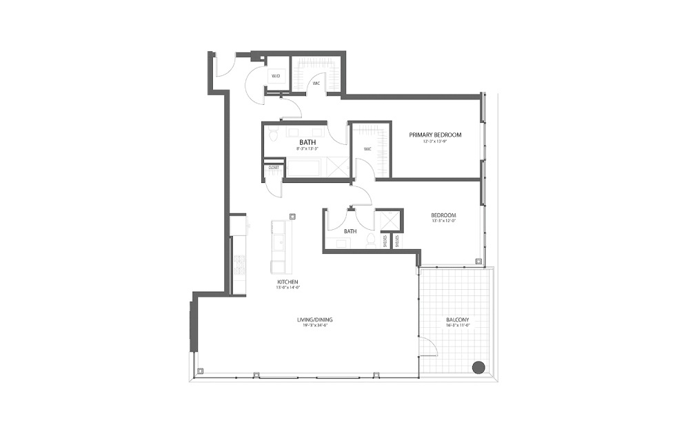2BR J - 2 bedroom floorplan layout with 2 baths and 1373 square feet.