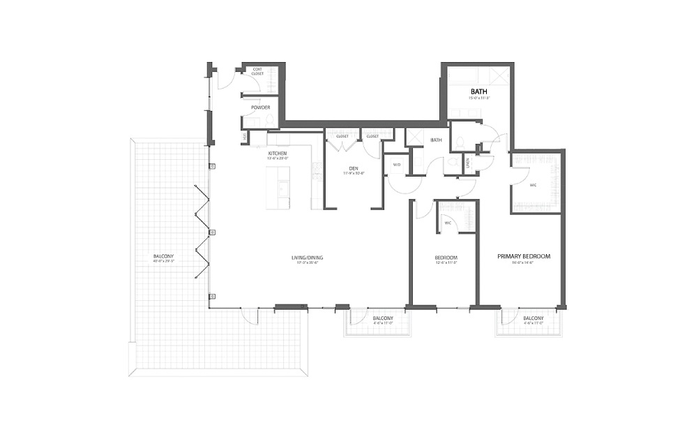 2BR K DEN - 2 bedroom floorplan layout with 2.5 baths and 1465 square feet.