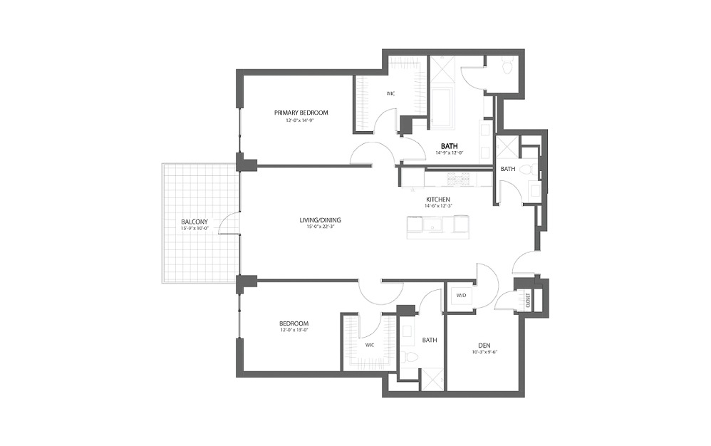 2BR KK DEN - 2 bedroom floorplan layout with 2.5 baths and 1718 square feet.