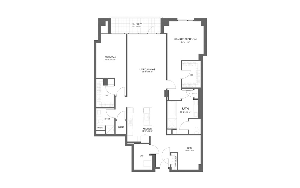2BR LL - 2 bedroom floorplan layout with 2 baths and 1858 square feet.