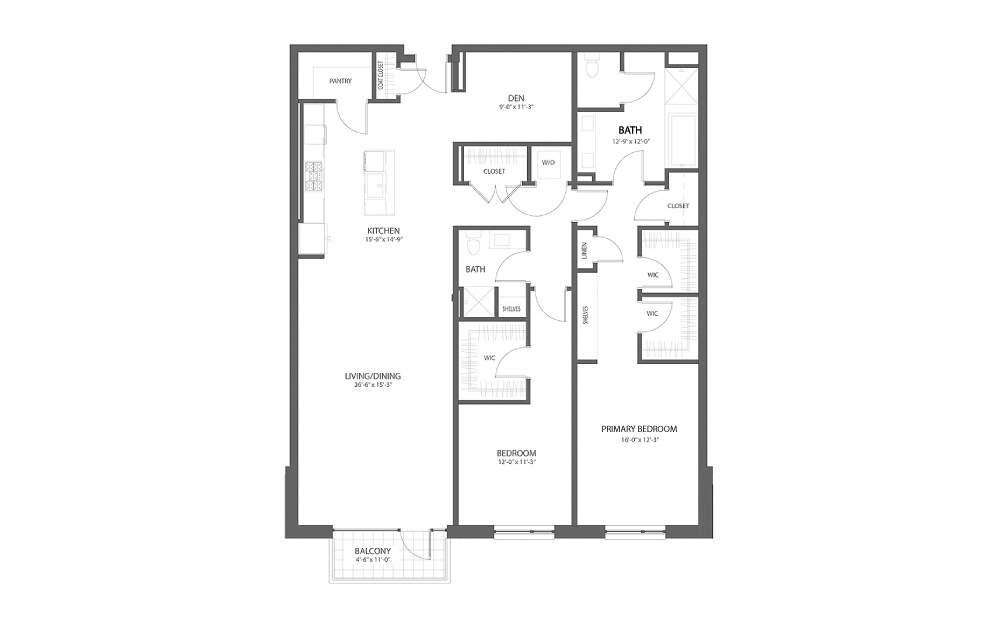 2BR OO DEN - 2 bedroom floorplan layout with 2 baths and 1989 square feet.