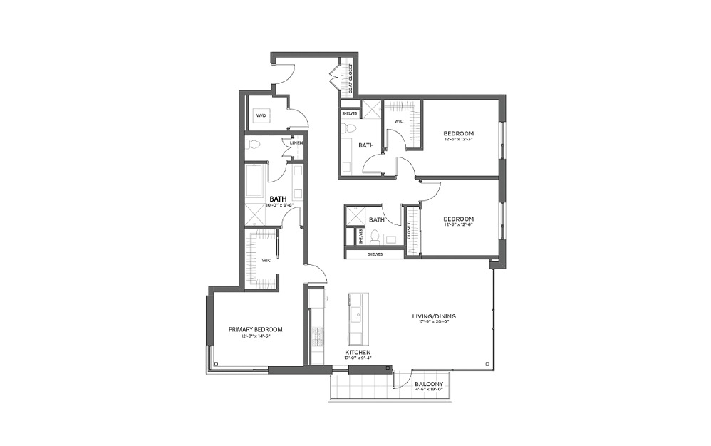 3BR A - 3 bedroom floorplan layout with 3 baths and 203 square feet.
