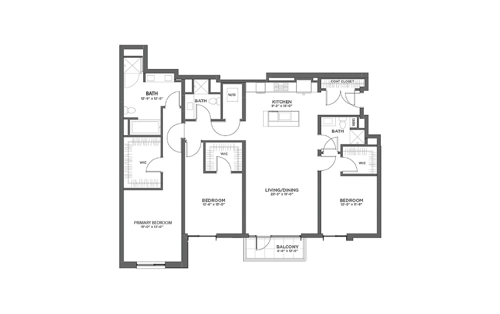 3BR BB - 3 bedroom floorplan layout with 3 baths and 1907 square feet.