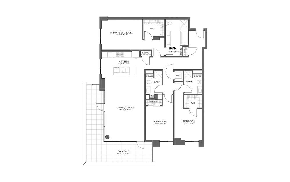 3BR CC - 3 bedroom floorplan layout with 3 baths and 1961 square feet.