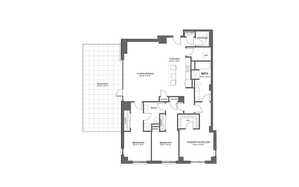 3BR DD - 3 bedroom floorplan layout with 2.5 baths and 2015 square feet.