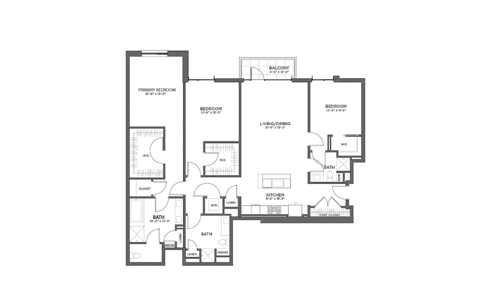 3BR EE - 3 bedroom floorplan layout with 3 baths and 2027 square feet.