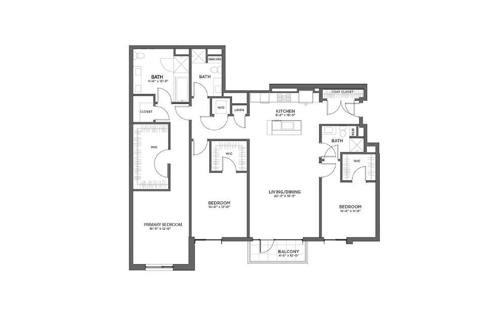 3BR FF - 3 bedroom floorplan layout with 3 baths and 2047 square feet.