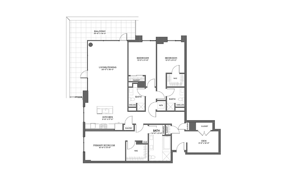 3BR GG - 3 bedroom floorplan layout with 3 baths and 2121 square feet.