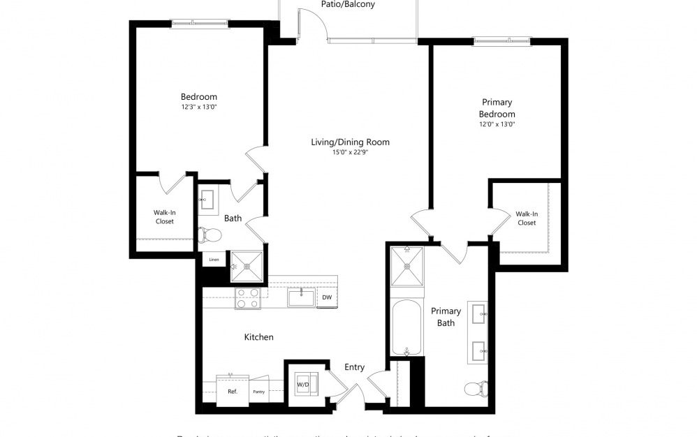 2BR B - 2 bedroom floorplan layout with 2 baths and 1533 square feet.